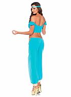 Prinsessan Jasmine från Aladdin, maskeraddräkt med topp och byxor, öppna axlar och strass